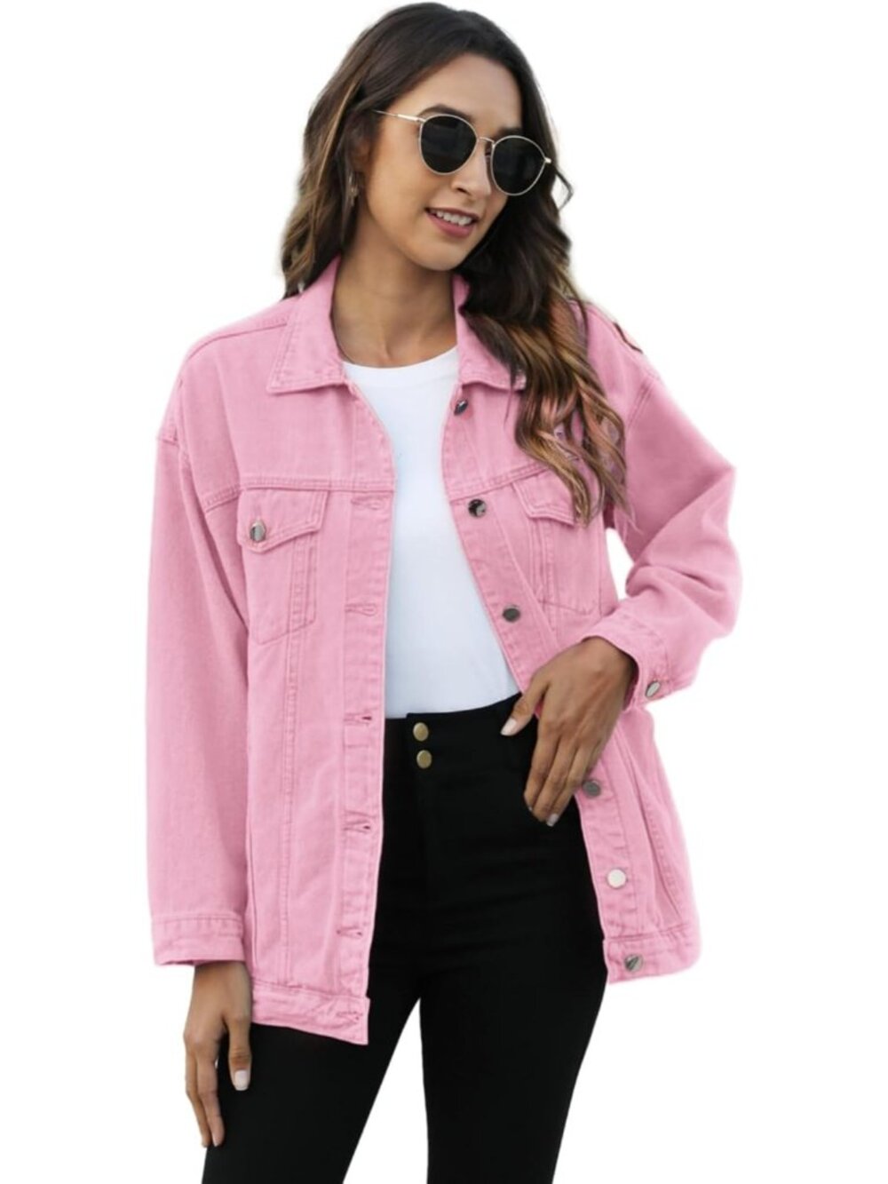 〽️ Women’s Pink Button Down Oversized Long Casual Coat Denim Jeans Jacket